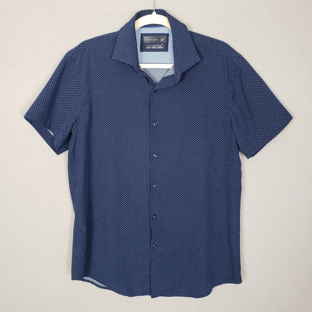 Cactus Man Ricky Singh Short Sleeve Dress Shirt Navy Blue Polka Dot Wrinkle Free